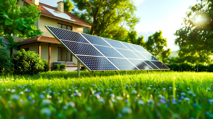 Solar panel in lush garden: A sustainable energy solution amidst greenery, capturing sunlight near a modern house.