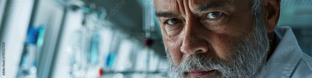 Poster a man wearing a lab coat, looking intently at an object in a laboratory setting