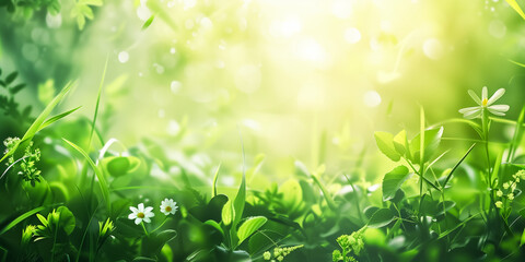 Sunlit green meadow with lush grass, blooming white flowers, and dew drops sparkling in the light, showcasing nature’s vibrant and fresh atmosphere. 