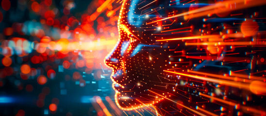 Digital face profile formed by illuminated particles and lines, representing artificial intelligence amidst a vibrant display of glowing circuits and data streams. Futuristic technology concept.  - obrazy, fototapety, plakaty