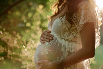 Close-up of a pregnant woman's profile, serene expression, soft lighting, hands on her belly 02 - obrazy, fototapety, plakaty
