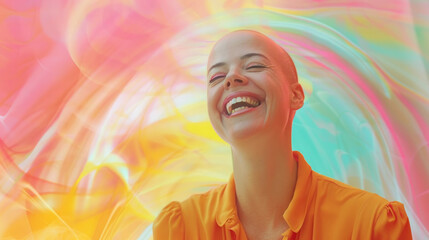 A woman with a bright smile wearing an orange shirt