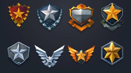 Set of military rank badges isolated on white background. Modern illustration of metal pentagonal medals with stars, chevrons, wings. Gui progress symbol. Award for achievement. - obrazy, fototapety, plakaty