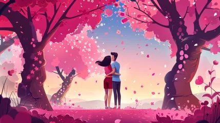 Foto auf Leinwand The love of two people in sakura park. A cartoon illustration of young lovers hugging and looking at cherry blossom trees blooming with neon pink flowers, petals flying in the air. © Mark