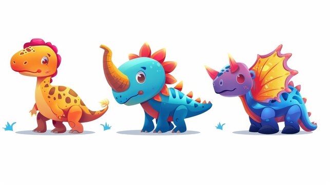 Cartoon dinosaur isolated modern character set. Stunning Jurassic prehistoric triceratops, stegosaurus, and tyrannosaurus clipart collection. Big, cute dino beast game design for kindergartens.