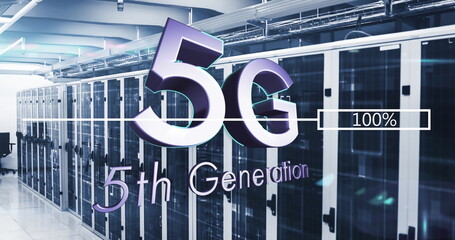 Image of 5g text, mathematical equations and data processing over computer servers