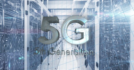 Image of 5g text, mathematical equations and data processing over computer servers