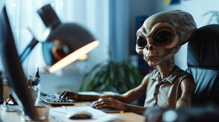 Cinematic photo of a friendly extraterrestrial working in an office 04