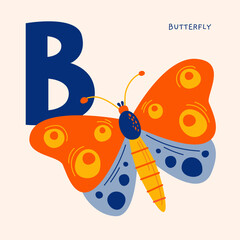 Cute cartoon butterfly with the letter B. Colorful insect. Can be used for children`s alphabets, postcards, and books. Vector illustration on a light isolated background.