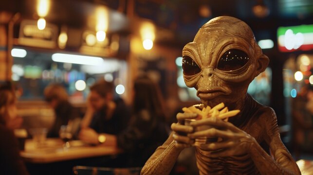 Cinematic snapshot of a cheerful alien enjoying traditional fish and chips at a quaint pub in London, with rustic interiors and locals chatting softly blurred in the background 01