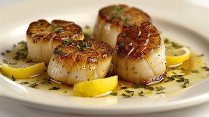   A white plate holds three scallops, each topped with savory sauce and garnished with herbs and a lemon wedge - obrazy, fototapety, plakaty