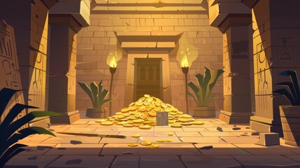 Cartoon egyptian temple game modern background with sarcophagus and gold pile of treasure. Wrought iron torch with fire light.