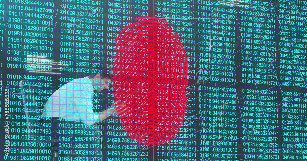 Poster image of fingerprint icon and data processing over caucasian man on black background