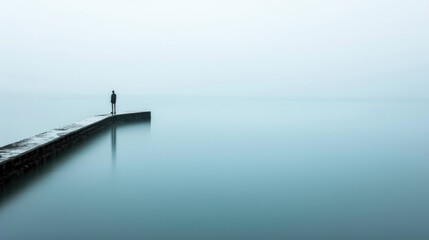 A person standing on a wooden pier extending into a vast body of water, surrounded by the calming...