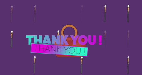 Image of thank you text over brushes and bag icons on purple background