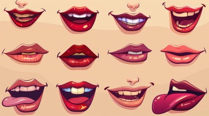 Fototapeta na wymiar Cartoon animated woman mouth. Character lip talk pronunciation. Female smile and happy expression. Phonetic modern kit for education or game design.