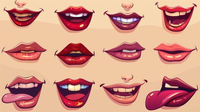 Cartoon animated woman mouth. Character lip talk pronunciation. Female smile and happy expression. Phonetic modern kit for education or game design.