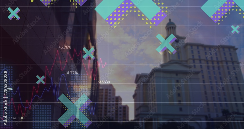 Poster image of floating x icons and multicolored graphs over low angle view of buildings in city