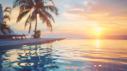Blurred view of a luxurious hotel pool overlooking a paradisiacal beach at sunset with no one in the image 05 - obrazy, fototapety, plakaty