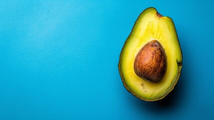   A blue background features an avocado, with its halved flesh consumed in the center - obrazy, fototapety, plakaty