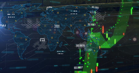 Image of data processing over world map on black background - Powered by Adobe