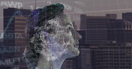 Image of financial data processing over female face