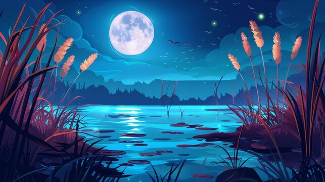 An illustration of a swamp with cattails near a lake, at night during full moon. Pond with bulrush in a park. Shiny water surface in a river fantasy cartoon illustration. A wild nature landscape with