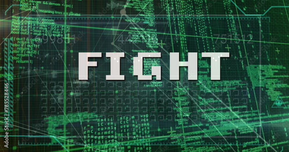 Poster image of fight text over numbers and data processing