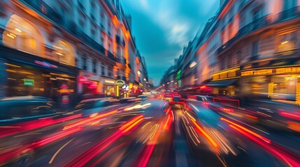 Blurred view of Parisian cityscape with motion blur effect on vibrant streets 01 - obrazy, fototapety, plakaty