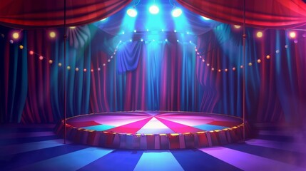 Cartoon circus stage modern background. Carnival arena with red vintage theater curtain. Cirque show round scene festival illustration. Embers on an empty marquee podium. Festive theatre platform
