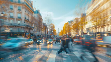 Blurred view of Parisian cityscape with motion blur effect on lively streets