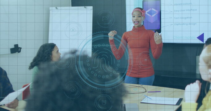 Image of cyber security data processing over african american woman giving a presentation