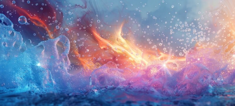 Abstract background with vibrant rainbow streaks, splashes, and bubbles, texture of bold colors and gradients, AI generated