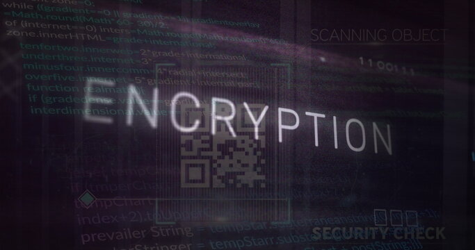 Image of encryption text over qr code, motherboard and data processing