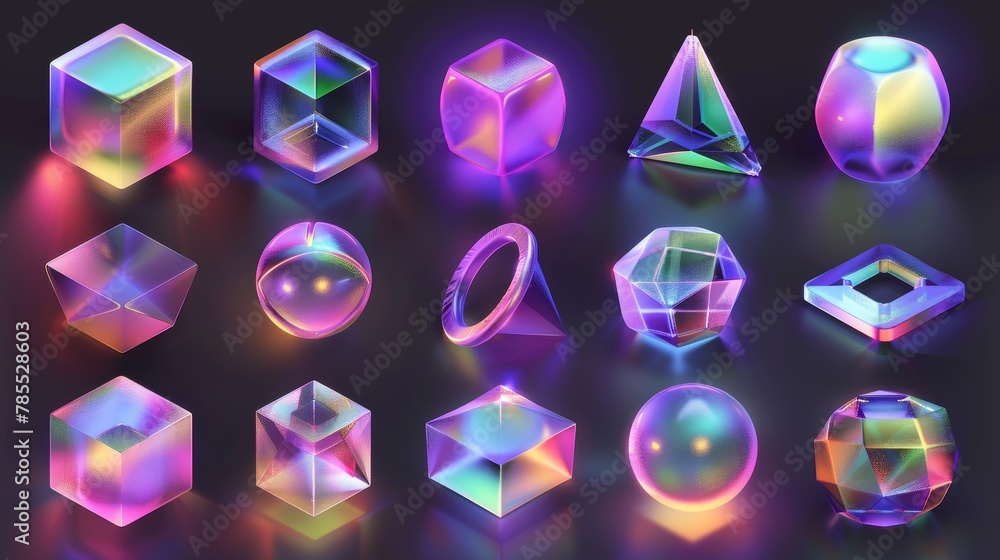 Poster several abstract geometric hologram forms rendered in 3d. realistic isolated cube, pyramid and donut