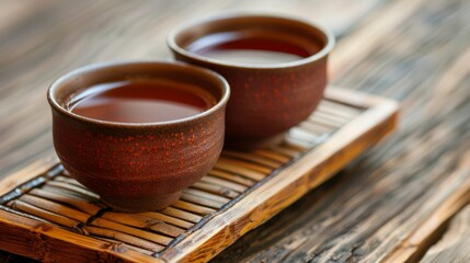   Two cups of tea on a bamboo tray atop a wooden table The tray holds the steaming teas