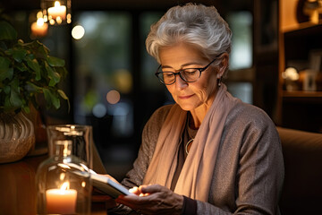 A senior woman engrossed in reading a book, illuminated by the soft glow of candles at dusk