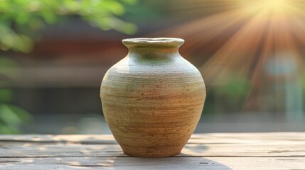 Fototapeta na wymiar A vase on a wooden table, sun filtering through tree leaves behind
