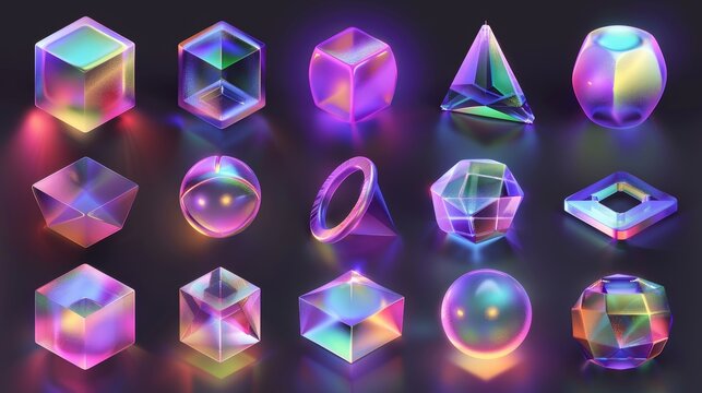Several abstract geometric hologram forms rendered in 3D. Realistic isolated cube, pyramid and donut holographic forms. Futuristic minimalism glossy icon collection. Multicolor trendy cylinder and