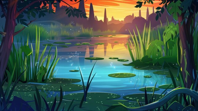 The swamp is green with cattails near the lake, sunset modern background. There is a pond in the bush and bulrush in the park. A river has dirty water in it and it is shining with water.