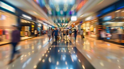 Blurred portrayal of a bustling shopping plaza with motion blur effect - obrazy, fototapety, plakaty