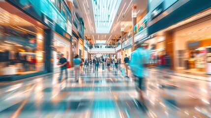 Blurred portrayal of a bustling shopping plaza with motion blur effect