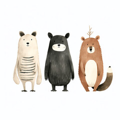 full body of animal friends beaver, cougar, black bear, deer, on a white backgound, minimal art, watercolor gouache textured paper сreated with Generative Ai