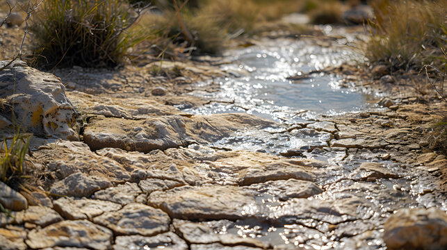 A dried-up riverbed, with parched earth as the background, during a prolonged drought