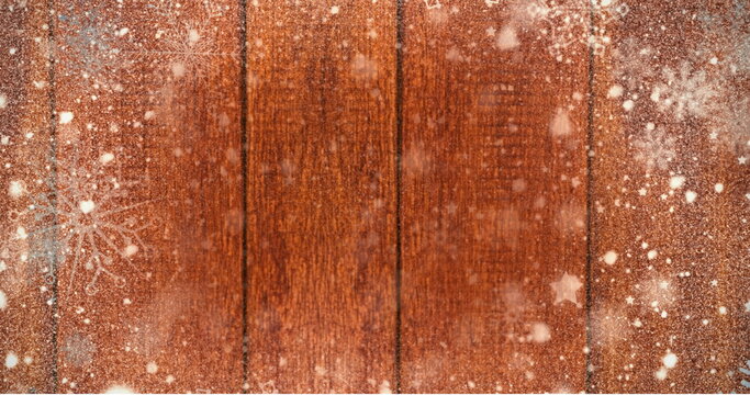 Image of data processing over snowflakes on wooden background