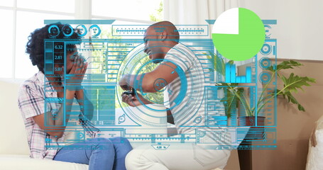 Image of data processing over african american couple proposing - Powered by Adobe