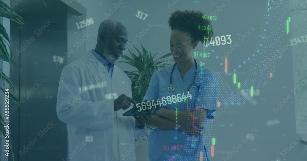 Poster image of numbers and data processing over diverse doctors using tablet