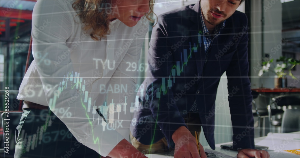 Poster image of financial data processing against two diverse men discussing over a plan at office