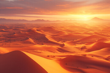 Majestic Sunrise Over Desert Sands, Golden Glow Landscape Scene

