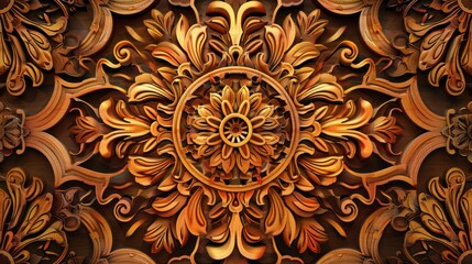 Fototapeta na wymiar Abstract floral carving background with wooden texture, carved flowers and leaves, botanical hand made ornament, organic shapes, natural eco color palette, AI generated